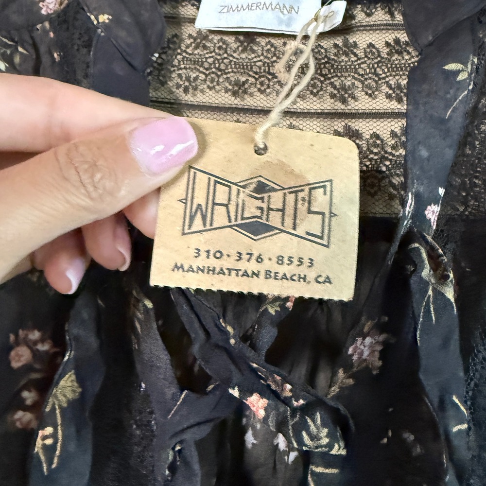 NWT Zimmermann Silk Floral Lace-Up Blouse Black Sheer Lace Pintuck Top - Picture 5 of 7